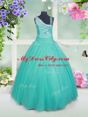 Dramatic Ball Gowns Little Girls Pageant Dress Wholesale Turquoise Asymmetric Tulle Sleeveless Floor Length Zipper