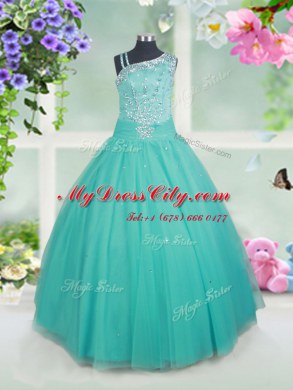 Dramatic Ball Gowns Little Girls Pageant Dress Wholesale Turquoise Asymmetric Tulle Sleeveless Floor Length Zipper