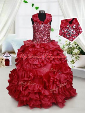 Halter Top Wine Red Taffeta Zipper Child Pageant Dress Sleeveless Floor Length Beading and Ruffles and Sequins