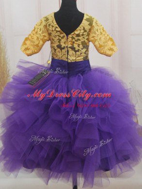 Scoop Lace and Ruffles and Bowknot Pageant Dress for Teens Eggplant Purple and Gold Zipper Short Sleeves Mini Length