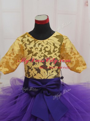 Scoop Lace and Ruffles and Bowknot Pageant Dress for Teens Eggplant Purple and Gold Zipper Short Sleeves Mini Length