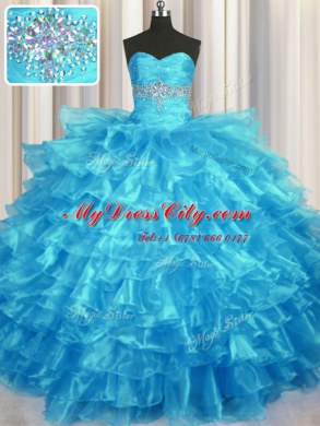 Baby Blue Organza Lace Up Sweet 16 Dresses Sleeveless Floor Length Beading and Ruffled Layers