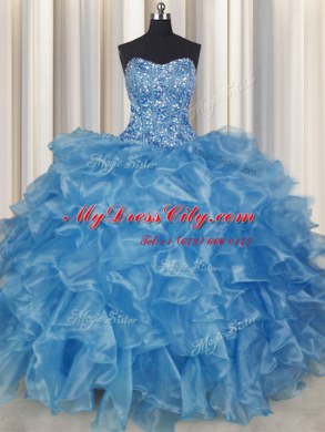 Sumptuous Visible Boning Sleeveless Floor Length Beading and Ruffles Lace Up Sweet 16 Quinceanera Dress with Baby Blue