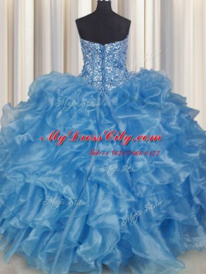 Sumptuous Visible Boning Sleeveless Floor Length Beading and Ruffles Lace Up Sweet 16 Quinceanera Dress with Baby Blue