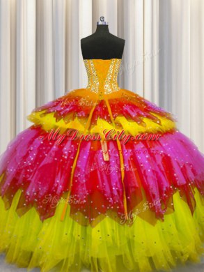 Bling-bling Visible Boning Sleeveless Floor Length Beading and Ruffles and Ruffled Layers and Sequins Lace Up Sweet 16 Dress with Multi-color