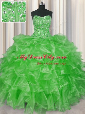 Fabulous Visible Boning Sleeveless Organza Floor Length Lace Up Vestidos de Quinceanera in with Beading and Ruffles