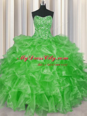 Fabulous Visible Boning Sleeveless Organza Floor Length Lace Up Vestidos de Quinceanera in with Beading and Ruffles