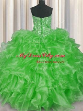 Fabulous Visible Boning Sleeveless Organza Floor Length Lace Up Vestidos de Quinceanera in with Beading and Ruffles