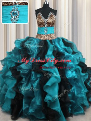 Stunning Leopard Two Tone V-neck Sleeveless Organza Quinceanera Gown Beading and Ruffles Lace Up