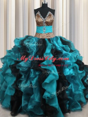 Stunning Leopard Two Tone V-neck Sleeveless Organza Quinceanera Gown Beading and Ruffles Lace Up