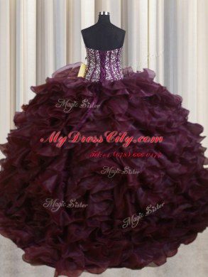 Superior Visible Boning With Train Lace Up Quince Ball Gowns Burgundy for Military Ball and Sweet 16 and Quinceanera with Beading and Ruffles Brush Train