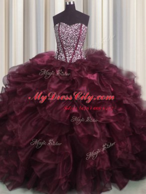 Visible Boning Bling-bling Organza Sweetheart Sleeveless Brush Train Lace Up Beading and Ruffles Quinceanera Gowns in Burgundy