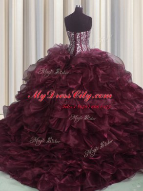 Visible Boning Bling-bling Organza Sweetheart Sleeveless Brush Train Lace Up Beading and Ruffles Quinceanera Gowns in Burgundy