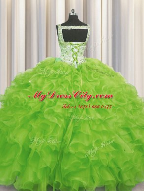 Beading and Ruffles Sweet 16 Dress Yellow Green Lace Up Sleeveless Floor Length