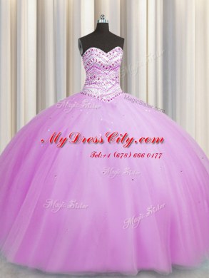 High End Bling-bling Really Puffy Lilac Tulle Lace Up 15 Quinceanera Dress Sleeveless Floor Length Beading