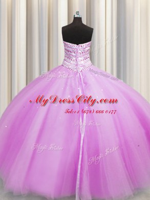 High End Bling-bling Really Puffy Lilac Tulle Lace Up 15 Quinceanera Dress Sleeveless Floor Length Beading