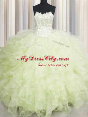 Delicate Yellow Green Ball Gowns Beading and Ruffles 15 Quinceanera Dress Lace Up Organza Sleeveless Floor Length