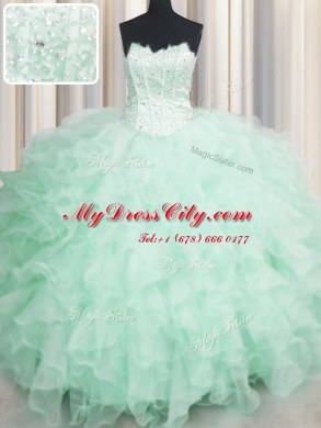 Glorious Scalloped Visible Boning Beading and Ruffles 15th Birthday Dress Apple Green Lace Up Sleeveless Floor Length