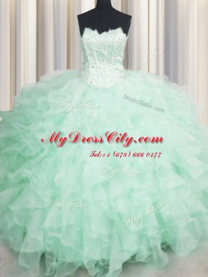 Glorious Scalloped Visible Boning Beading and Ruffles 15th Birthday Dress Apple Green Lace Up Sleeveless Floor Length