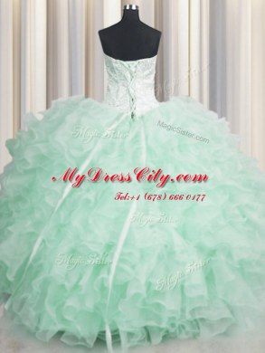 Glorious Scalloped Visible Boning Beading and Ruffles 15th Birthday Dress Apple Green Lace Up Sleeveless Floor Length