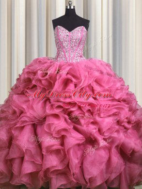 Spectacular Visible Boning Bling-bling Rose Pink Ball Gowns Organza Sweetheart Sleeveless Beading and Ruffles With Train Lace Up Quince Ball Gowns Brush Train