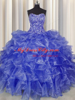 Visible Boning Blue Strapless Lace Up Beading and Ruffles Sweet 16 Quinceanera Dress Sleeveless