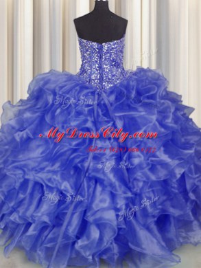 Visible Boning Blue Strapless Lace Up Beading and Ruffles Sweet 16 Quinceanera Dress Sleeveless