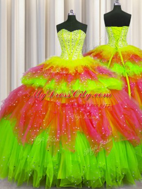 Lovely Bling-bling Visible Boning Multi-color Sleeveless Floor Length Beading and Ruffles and Ruffled Layers and Sequins Lace Up Ball Gown Prom Dress