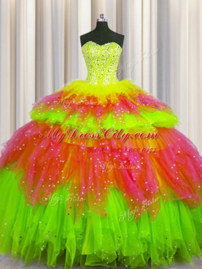 Lovely Bling-bling Visible Boning Multi-color Sleeveless Floor Length Beading and Ruffles and Ruffled Layers and Sequins Lace Up Ball Gown Prom Dress