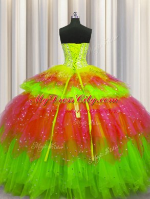 Lovely Bling-bling Visible Boning Multi-color Sleeveless Floor Length Beading and Ruffles and Ruffled Layers and Sequins Lace Up Ball Gown Prom Dress