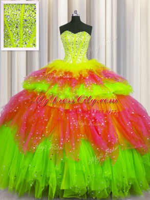 Lovely Bling-bling Visible Boning Multi-color Sleeveless Floor Length Beading and Ruffles and Ruffled Layers and Sequins Lace Up Ball Gown Prom Dress