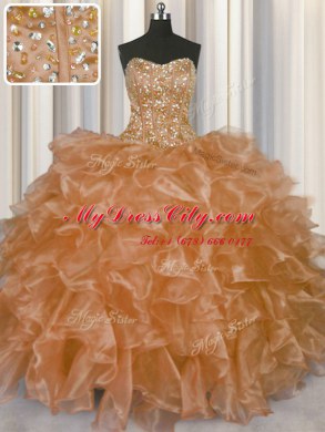 Visible Boning Strapless Sleeveless Organza Sweet 16 Dress Beading and Ruffles Lace Up