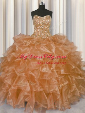 Visible Boning Strapless Sleeveless Organza Sweet 16 Dress Beading and Ruffles Lace Up