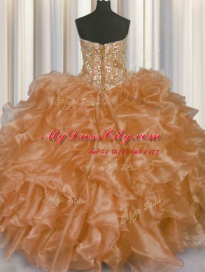 Visible Boning Strapless Sleeveless Organza Sweet 16 Dress Beading and Ruffles Lace Up