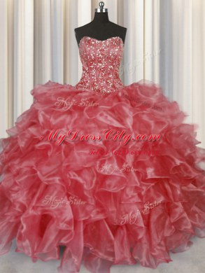 Visible Boning Coral Red Lace Up Strapless Beading and Ruffles 15 Quinceanera Dress Organza Sleeveless