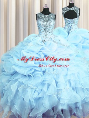 Excellent Scoop See Through Sleeveless Beading and Ruffles and Pick Ups Lace Up Quinceanera Gown