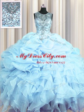 Excellent Scoop See Through Sleeveless Beading and Ruffles and Pick Ups Lace Up Quinceanera Gown