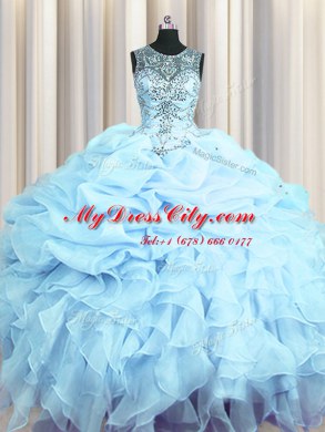 Excellent Scoop See Through Sleeveless Beading and Ruffles and Pick Ups Lace Up Quinceanera Gown