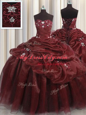 Pick Ups Sweetheart Sleeveless Lace Up Quinceanera Dresses Burgundy Organza