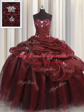 Pick Ups Sweetheart Sleeveless Lace Up Quinceanera Dresses Burgundy Organza