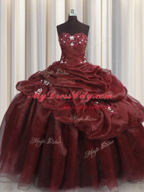 Pick Ups Sweetheart Sleeveless Lace Up Quinceanera Dresses Burgundy Organza