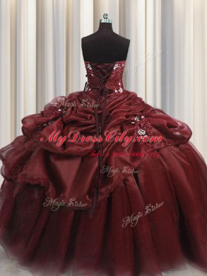 Pick Ups Sweetheart Sleeveless Lace Up Quinceanera Dresses Burgundy Organza