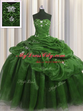 Sweetheart Sleeveless Sweet 16 Dress Floor Length Beading and Appliques and Pick Ups Green Organza