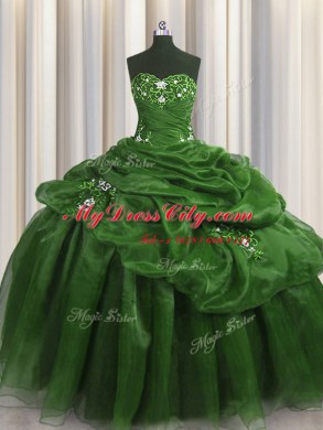 Sweetheart Sleeveless Sweet 16 Dress Floor Length Beading and Appliques and Pick Ups Green Organza