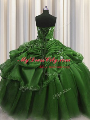 Sweetheart Sleeveless Sweet 16 Dress Floor Length Beading and Appliques and Pick Ups Green Organza