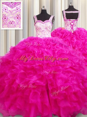 Flare Ball Gowns Vestidos de Quinceanera Fuchsia Straps Organza Sleeveless Floor Length Lace Up