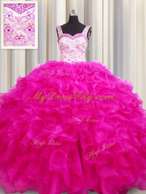 Flare Ball Gowns Vestidos de Quinceanera Fuchsia Straps Organza Sleeveless Floor Length Lace Up