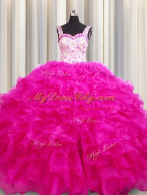 Flare Ball Gowns Vestidos de Quinceanera Fuchsia Straps Organza Sleeveless Floor Length Lace Up