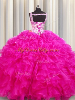 Flare Ball Gowns Vestidos de Quinceanera Fuchsia Straps Organza Sleeveless Floor Length Lace Up