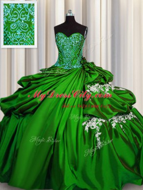 Custom Fit Green Taffeta Lace Up Quinceanera Gowns Sleeveless Floor Length Beading and Appliques